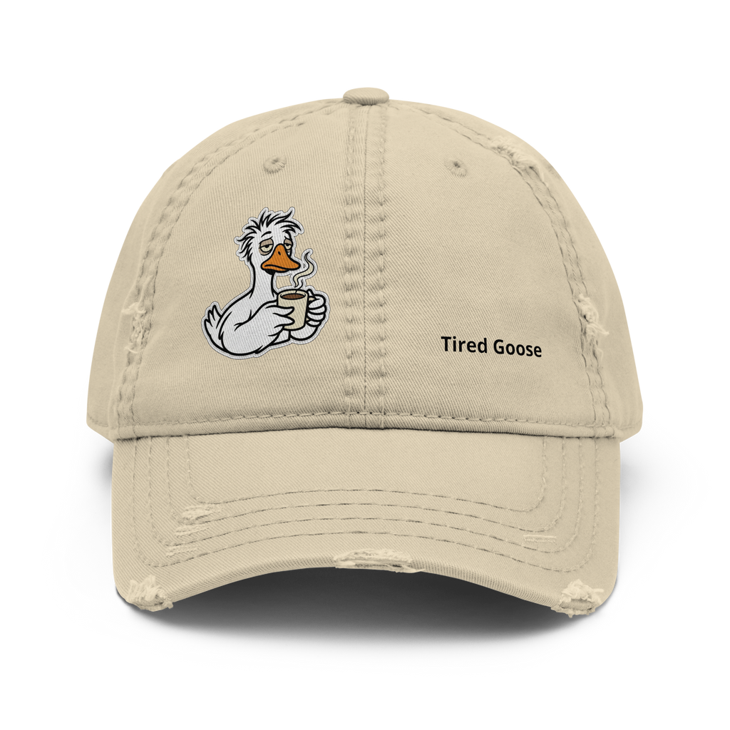 A tired goose hat with a print of a goose that looks tired