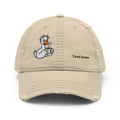A tired goose hat with a print of a goose that looks tired