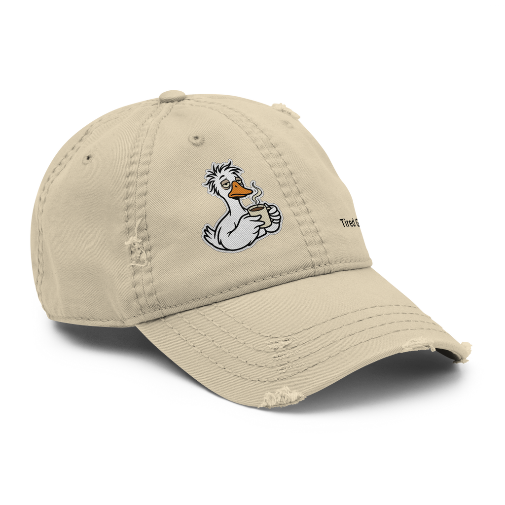 A tired goose hat with a print of a goose that looks tired