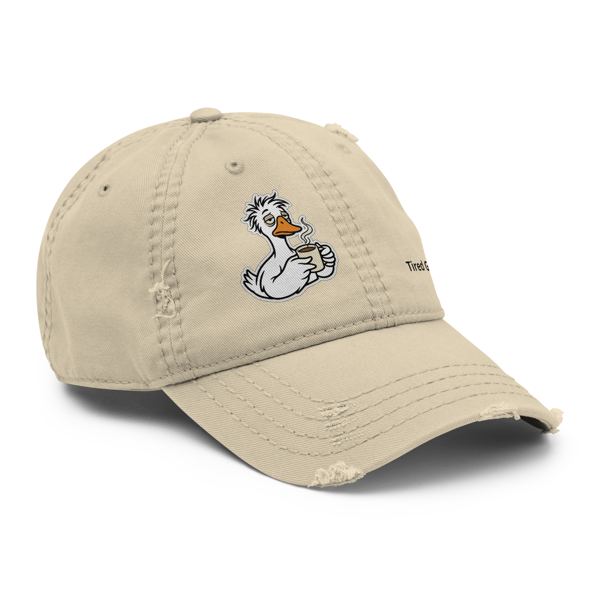 A tired goose hat with a print of a goose that looks tired